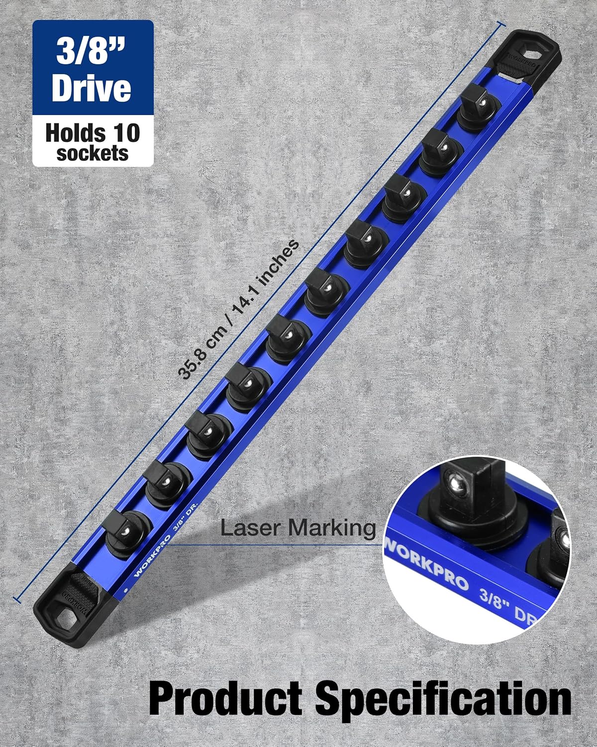 Blue 3/8in drive socket rail with ten clip positions and laser-etched markings