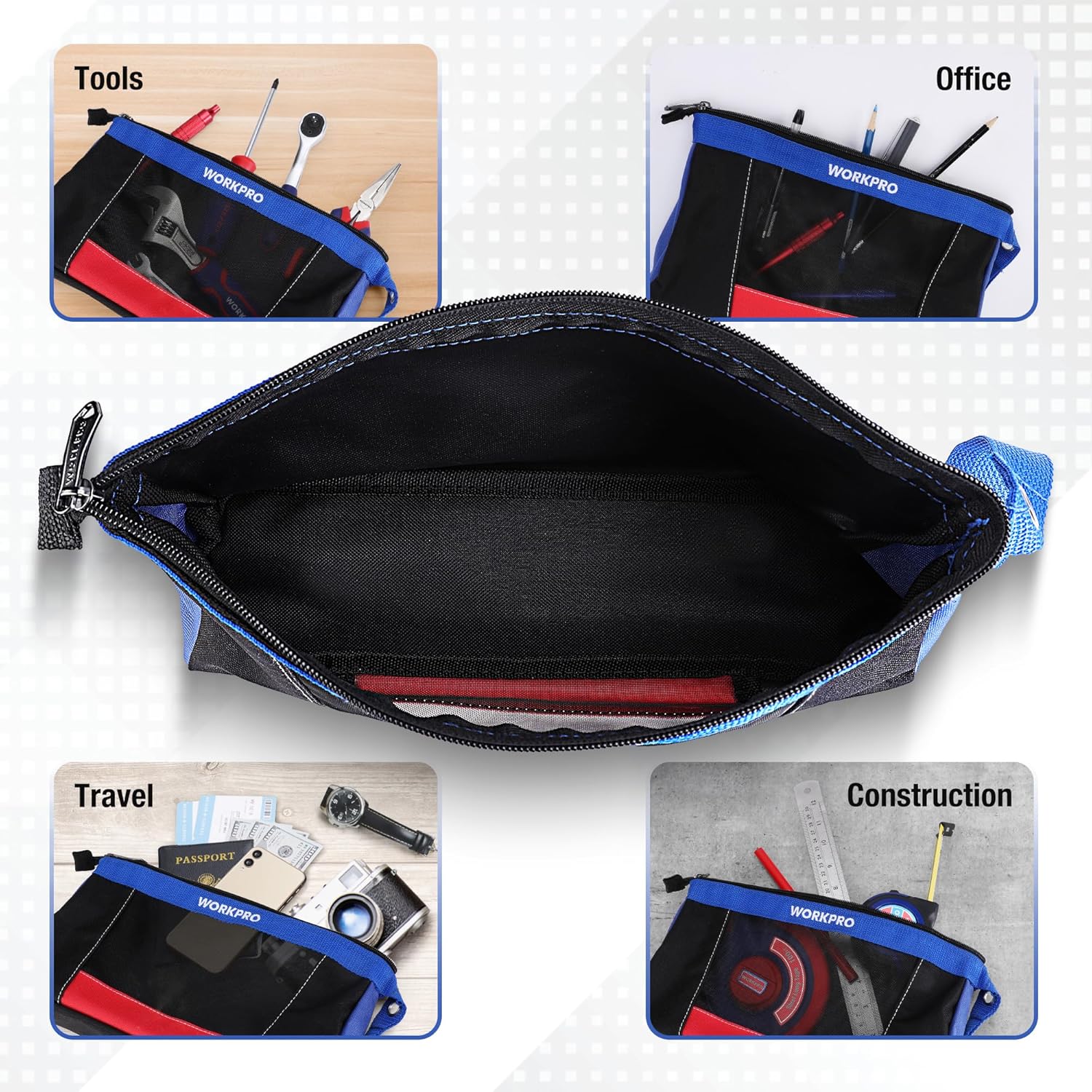 Black tool pouch with blue top and red front stripe, open interior with zipper