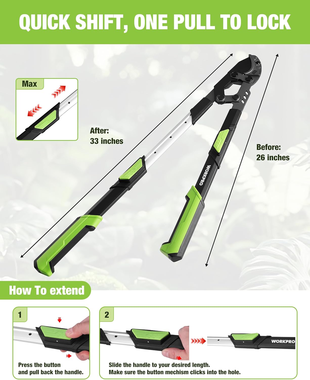 Extendable anvil lopper with telescopic handles and green grip pads, shown extended.