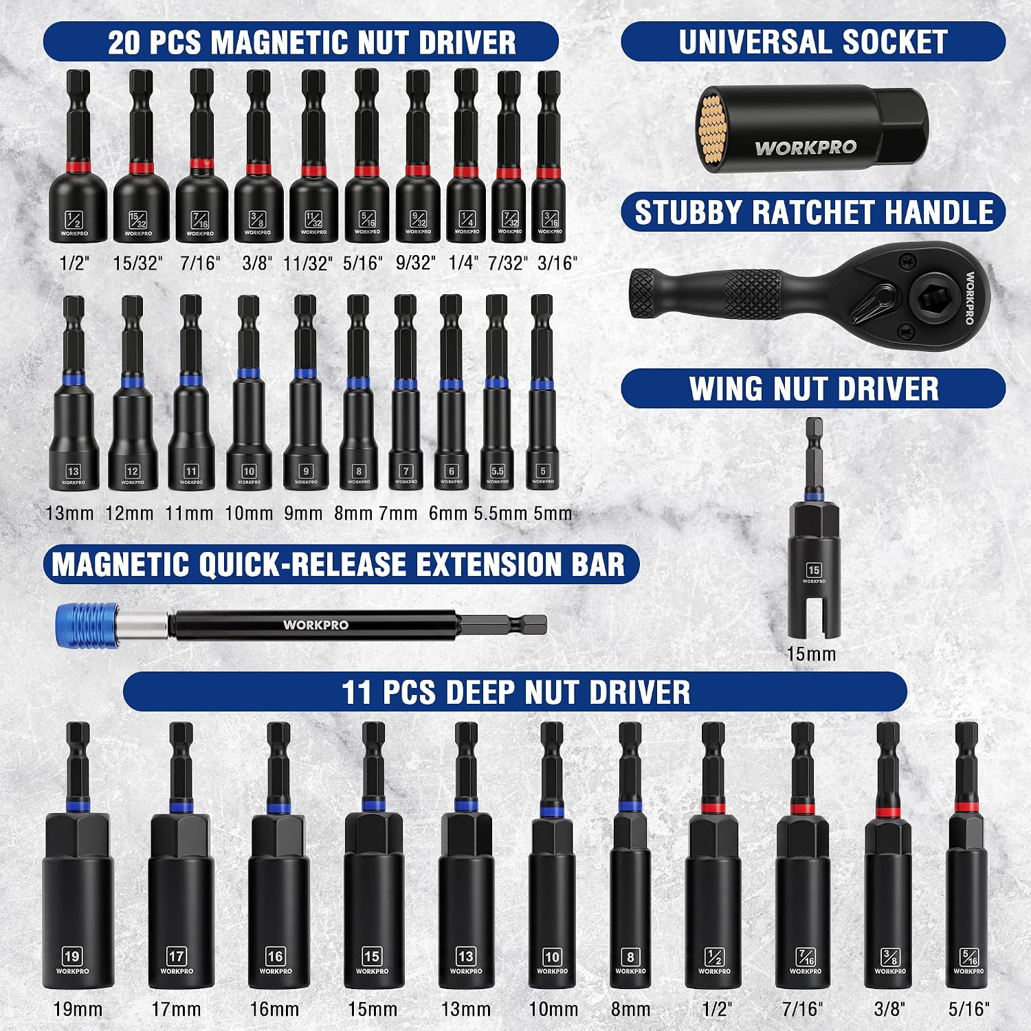 Magnetic nut driver bit set with ratchet handle, wing nut driver, and universal socket