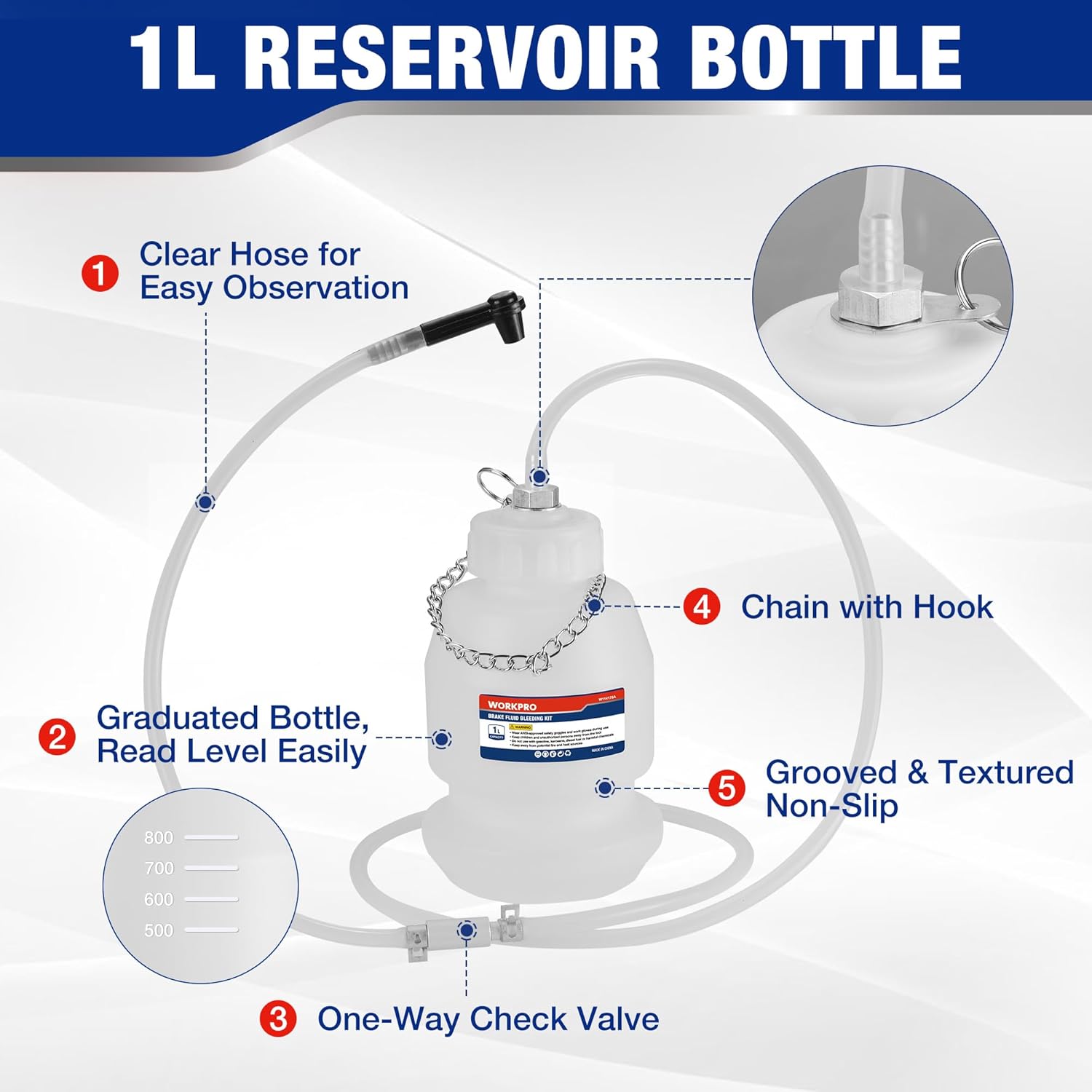 1L brake bleeder bottle with clear hose, chain hook, and one-way check valve