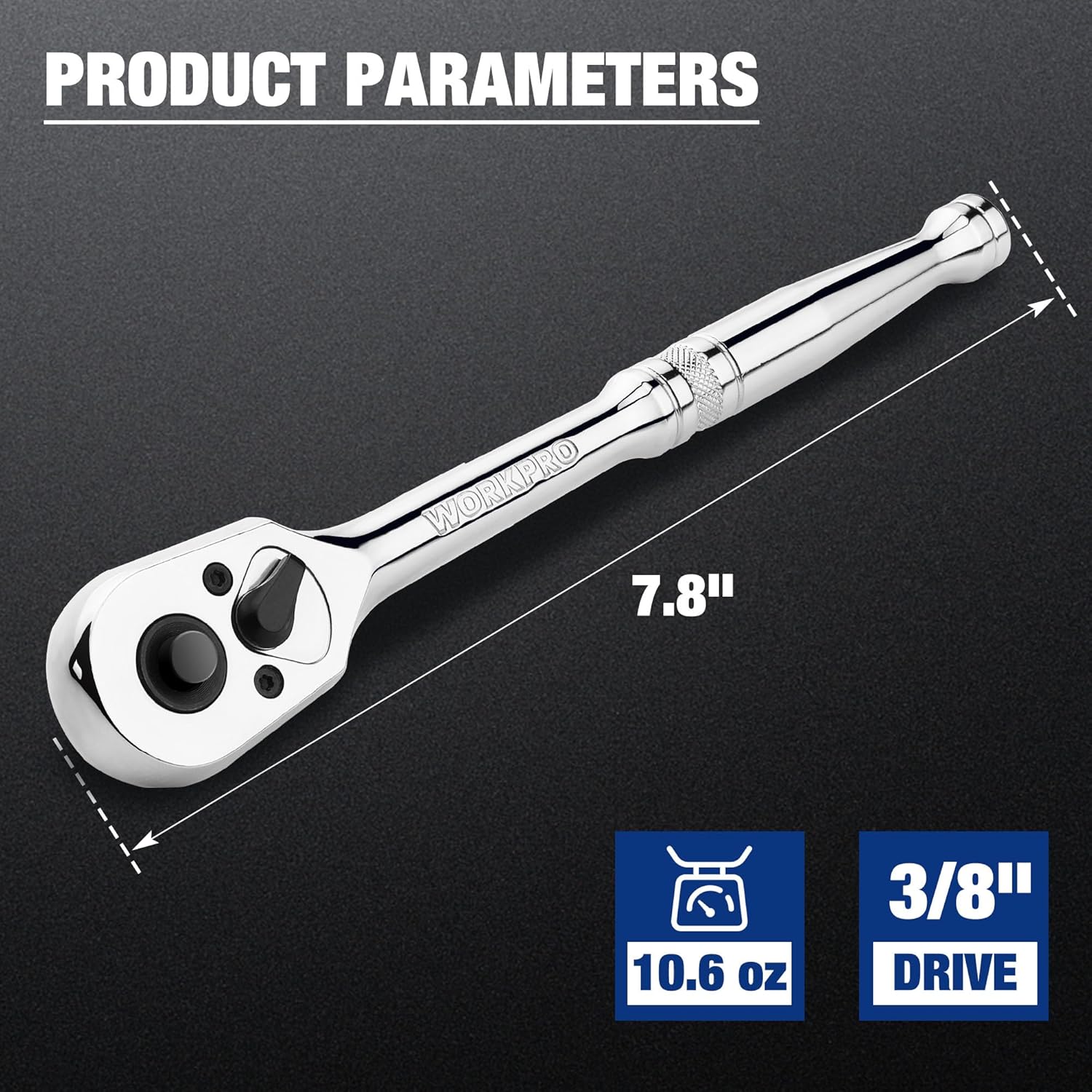 3/8 drive chrome ratchet wrench with quick-release reversible head, polished finish