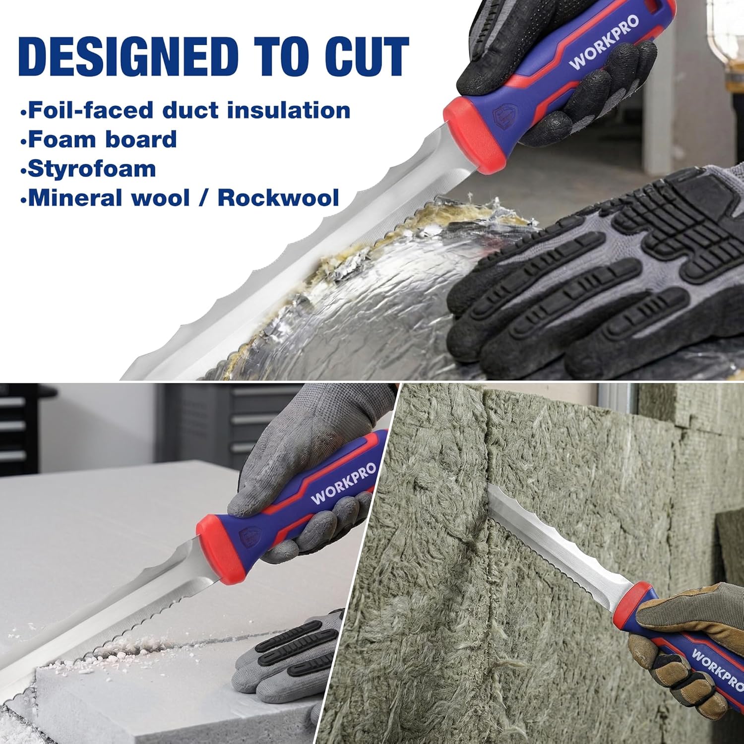 Insulation cutting knife with serrated blade cutting foil-faced duct insulation