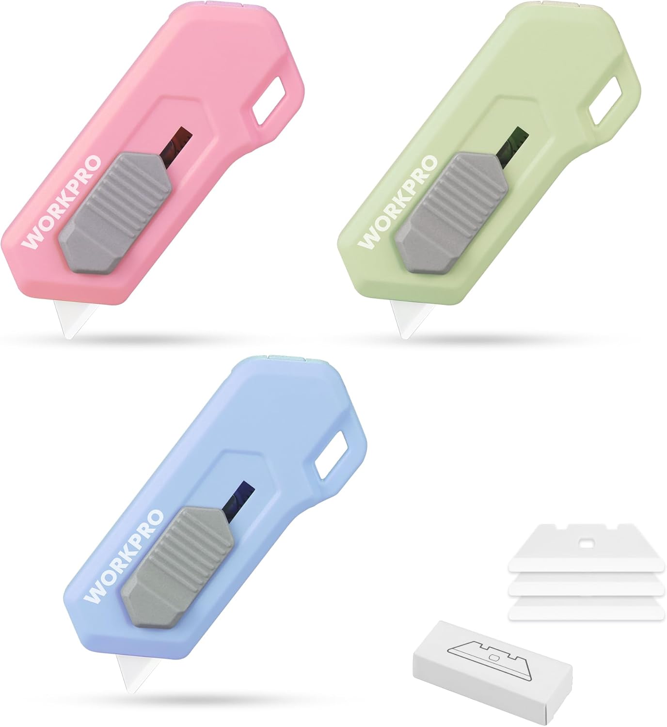 Safety box cutter in pink, green, and blue with retractable blade guard