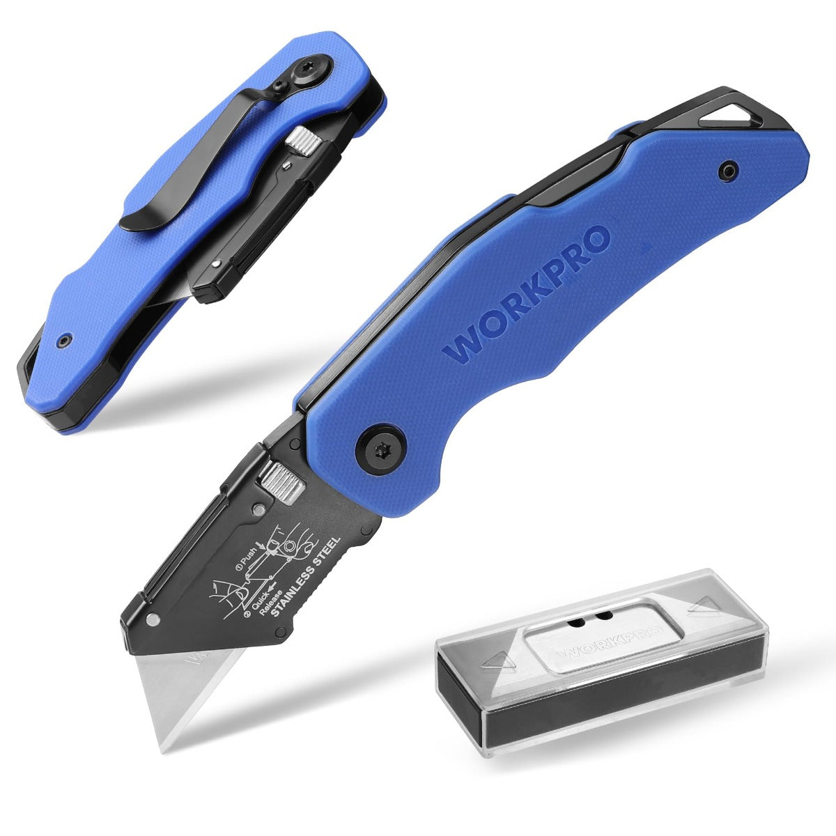 Folding utility knife with blue G10 handle and black quick-change blade
