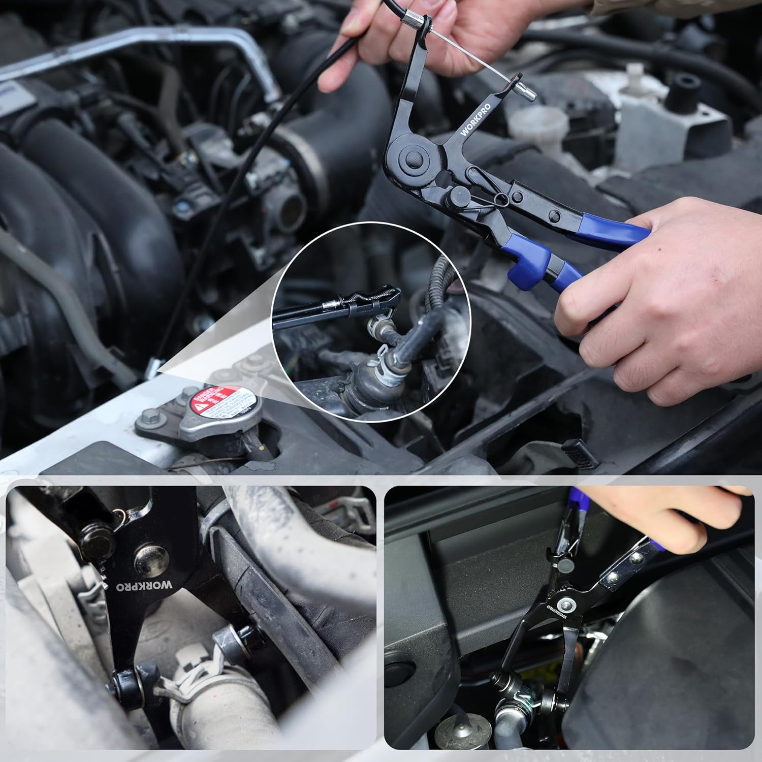 Hose clamp pliers being used on engine hoses; blue handles and metal jaws
