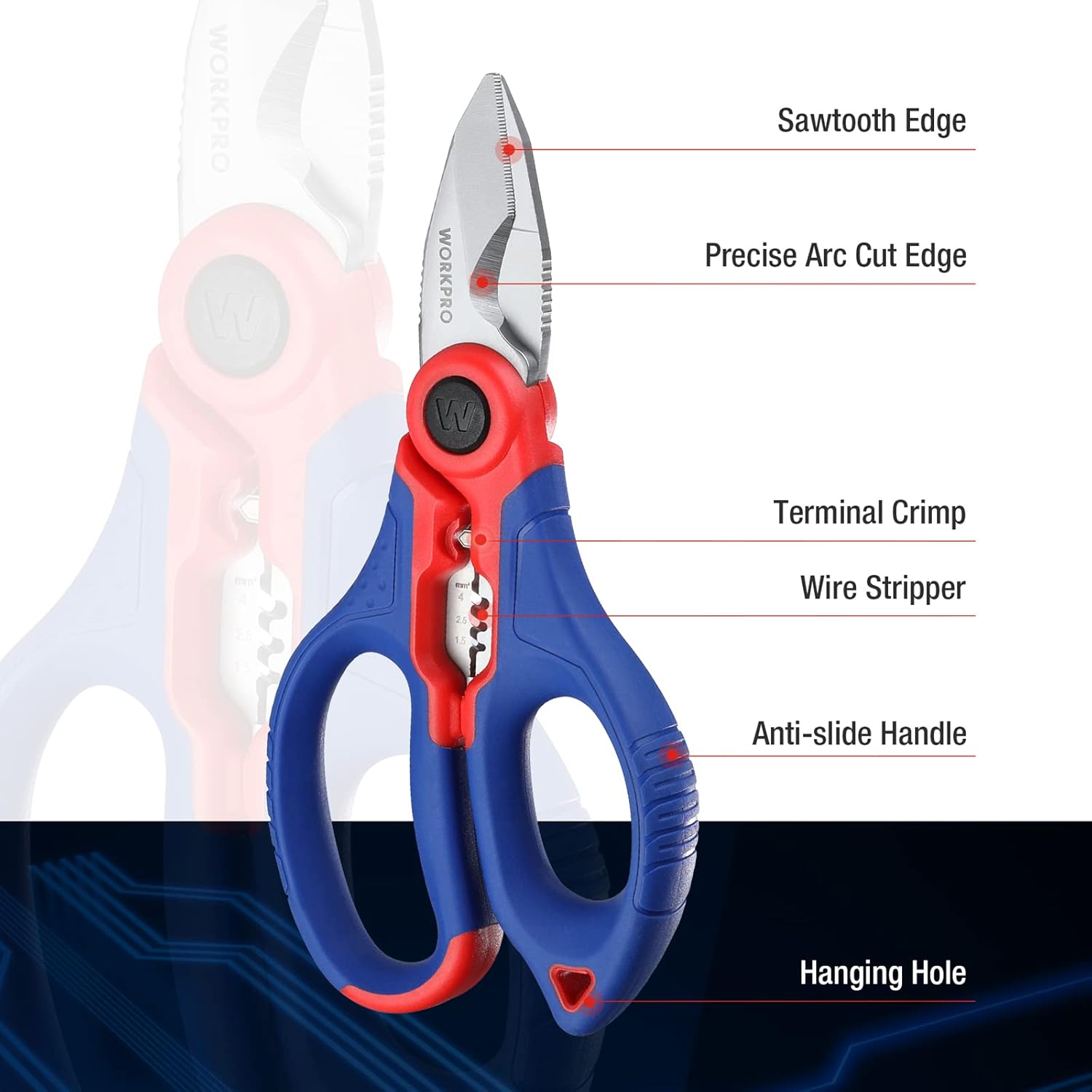 Electrician shears with serrated cutting edges, anti-slip handle, hanging hole