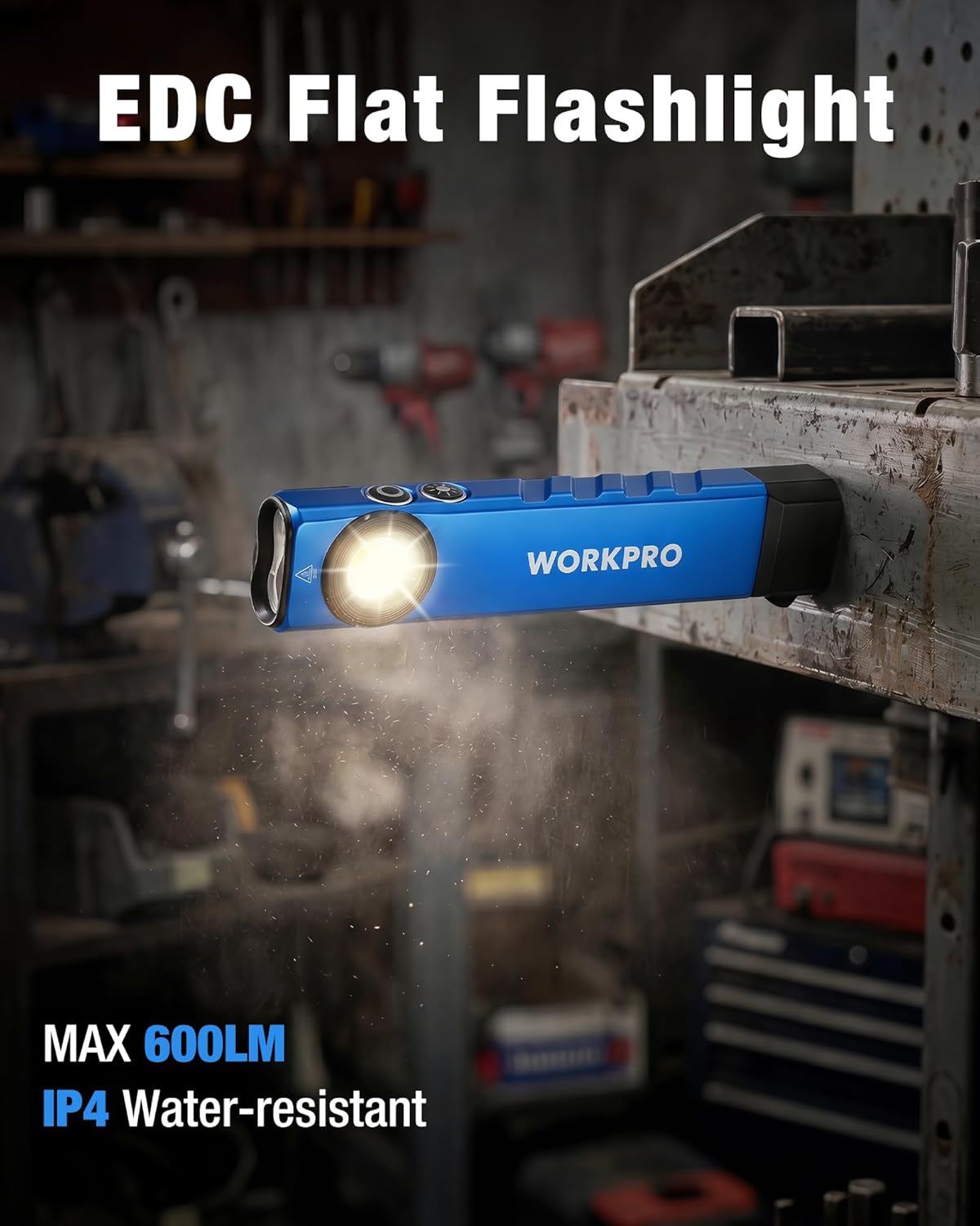 Blue WORKPRO flashlight emitting a bright beam, slim flat design with black end cap.