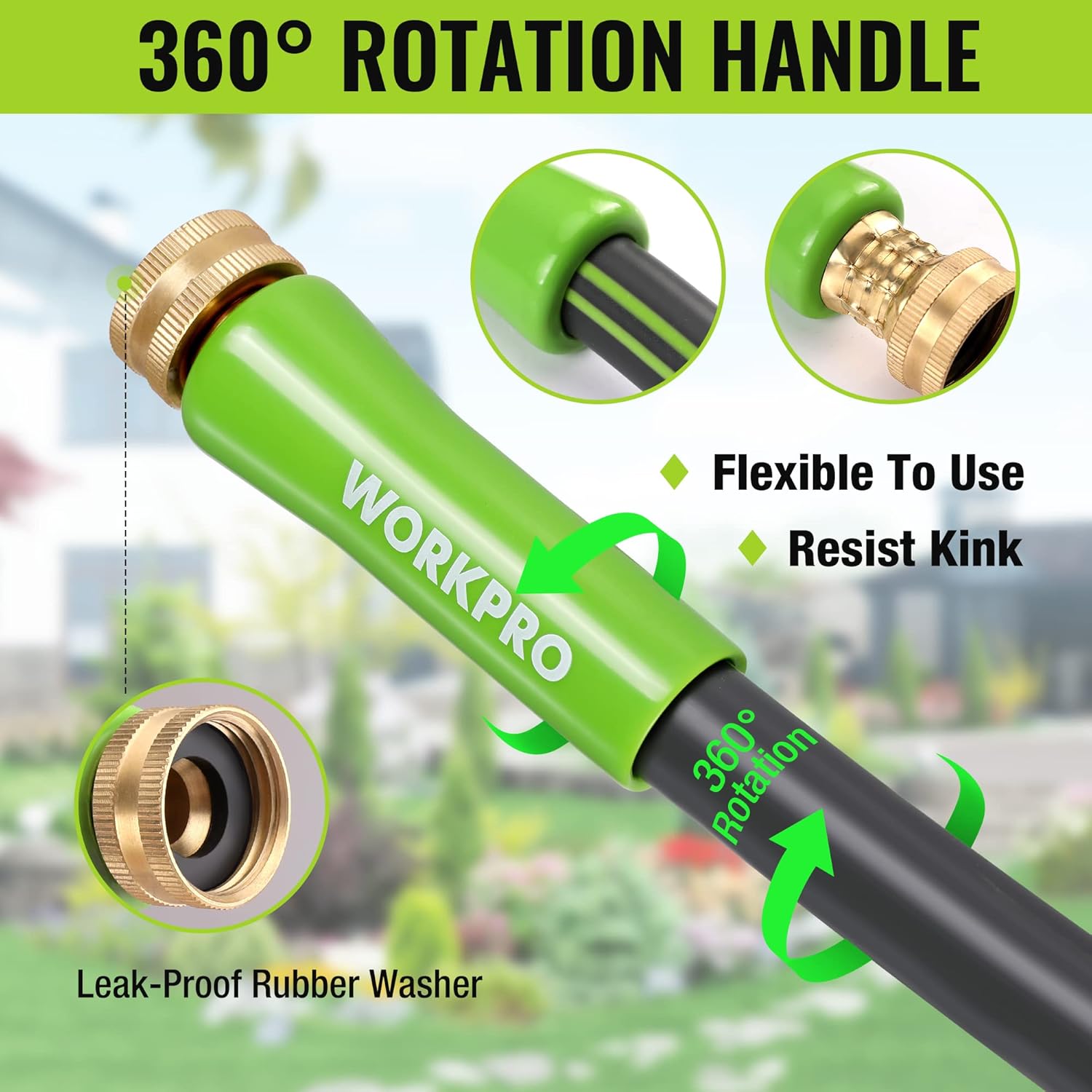 360° rotary handle garden hose with green grip and brass end fittings