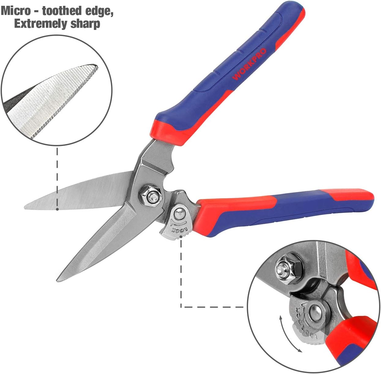 Utility shears with micro-toothed cutting edge, blue-and-red grip, folding blades