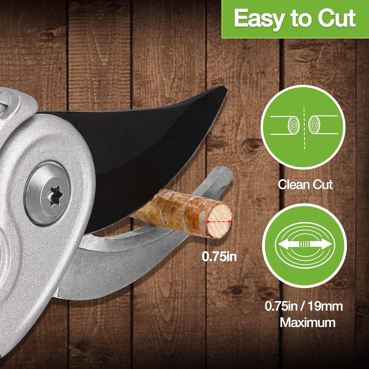 Bypass pruning shears cutting a small branch with angled black blade