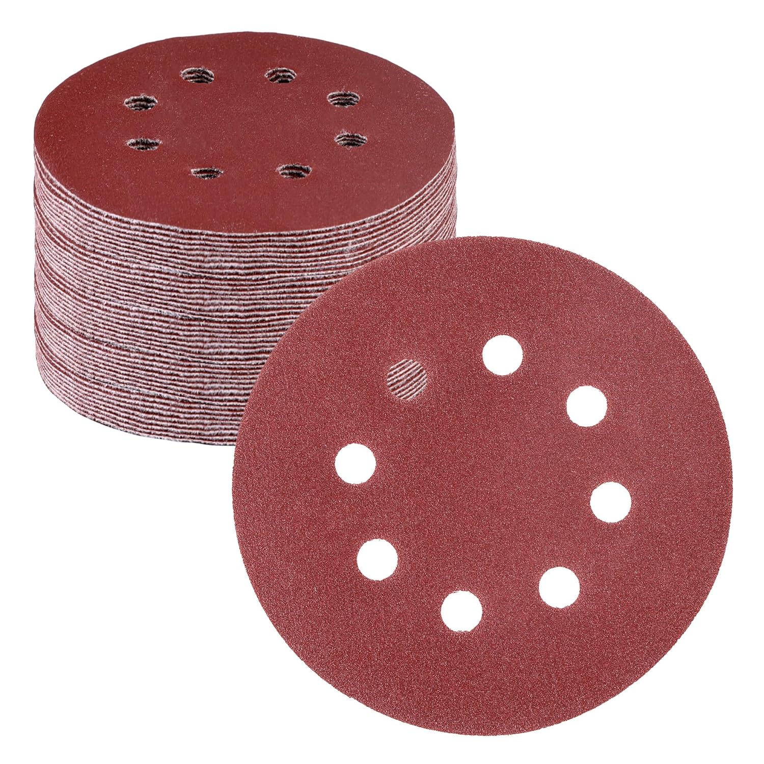 Red circular sanding disc stack with 8-hole pattern for hook-and-loop orbital sanding