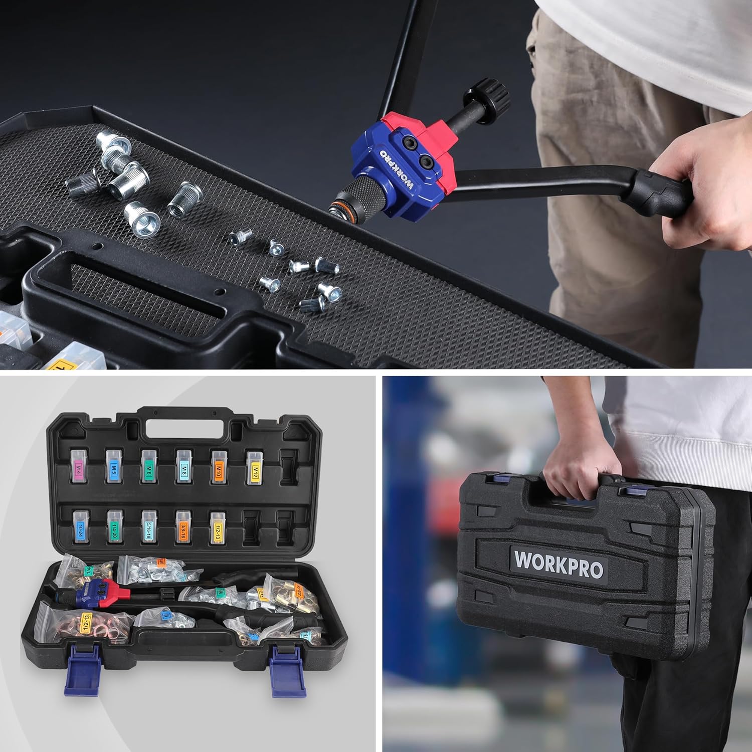 Rivet nut tool kit open in black case with mandrels and hardware compartments