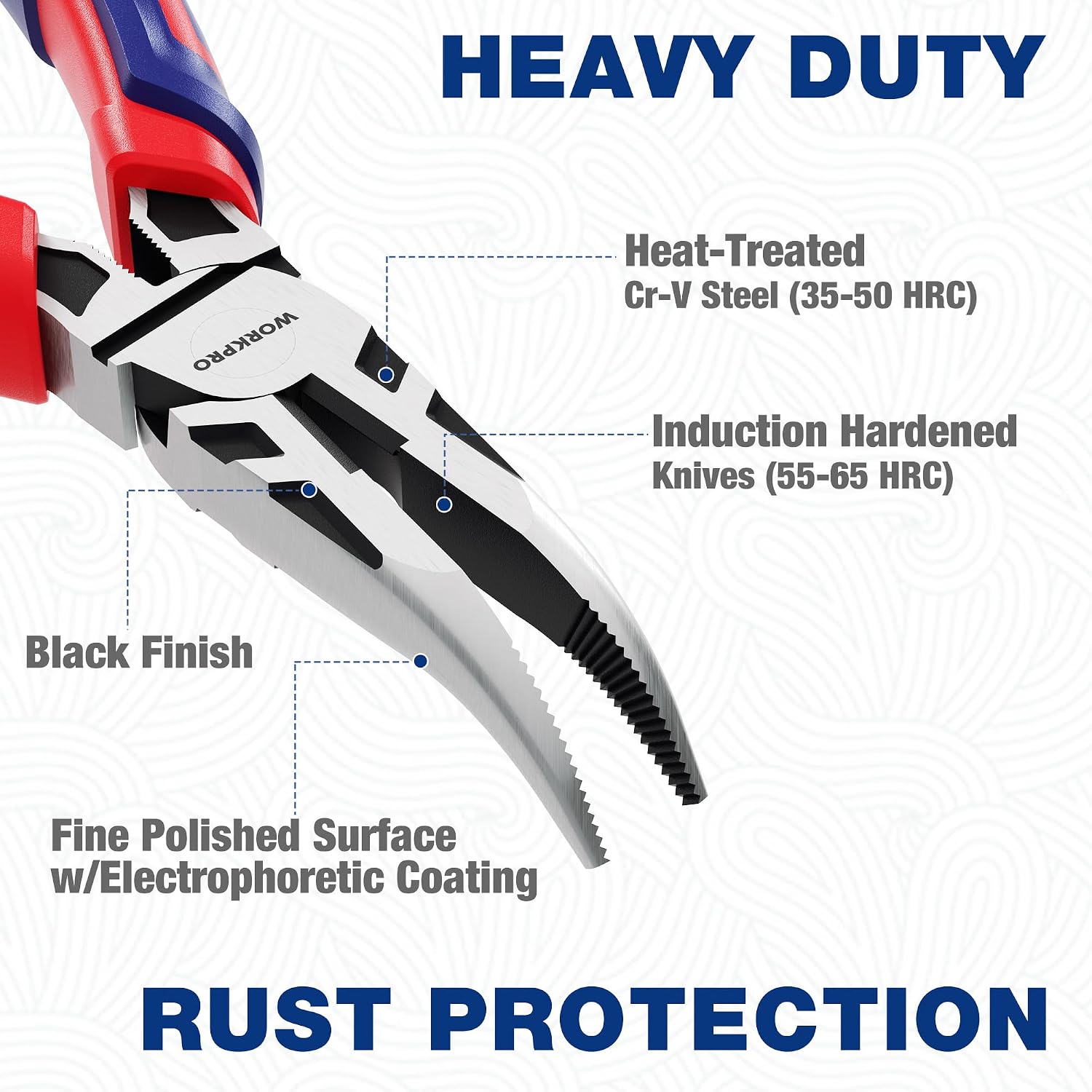 Bent needle-nose pliers tip with serrated jaws and black finish for rust protection