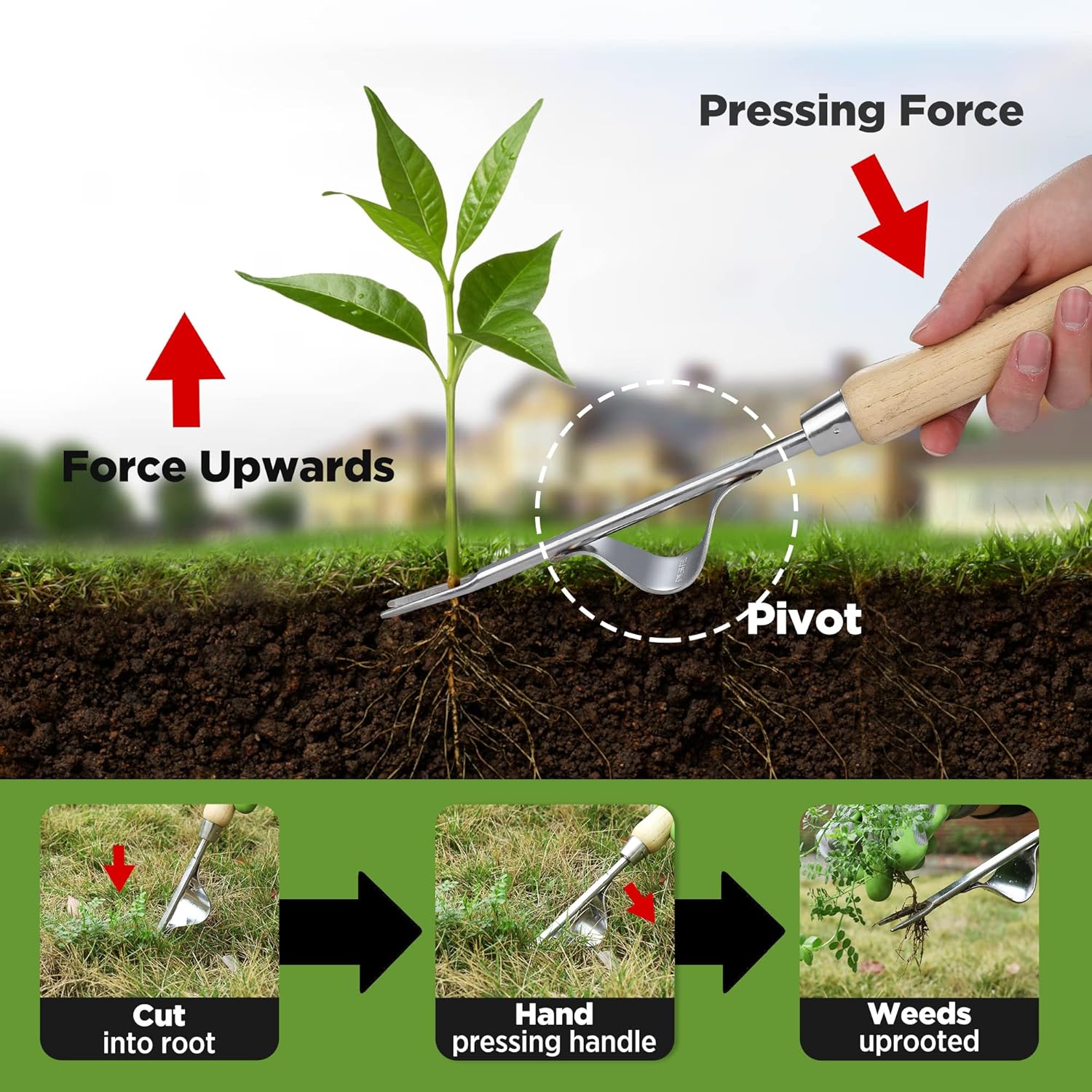 Garden hand weeder tool with metal leverage base, V-shaped fork, and wooden handle