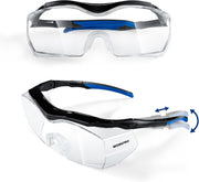 WORKPRO safety goggles with clear lens, black frame, and blue temple accents