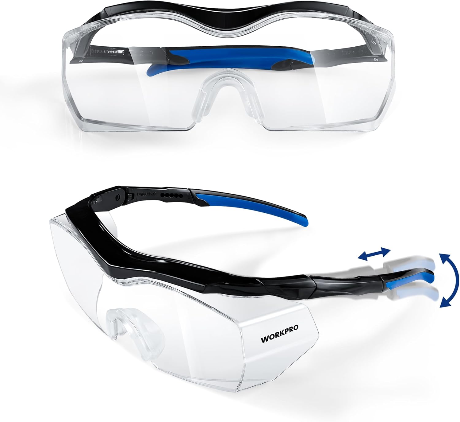WORKPRO safety goggles with clear lens, black frame, and blue temple accents