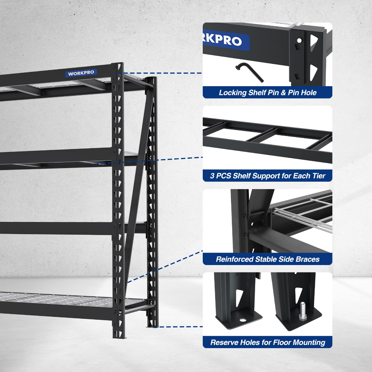 4-tier metal shelving unit with locking shelf pin holes and reinforced side braces