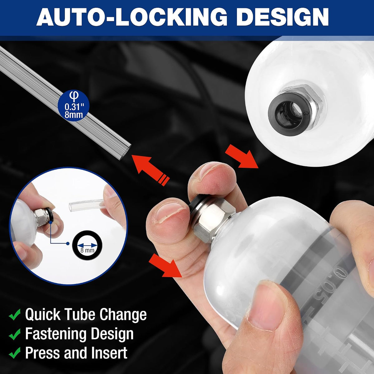 Auto-lock tube connector for fluid extractor, showing metal nozzle and white quick-change tip