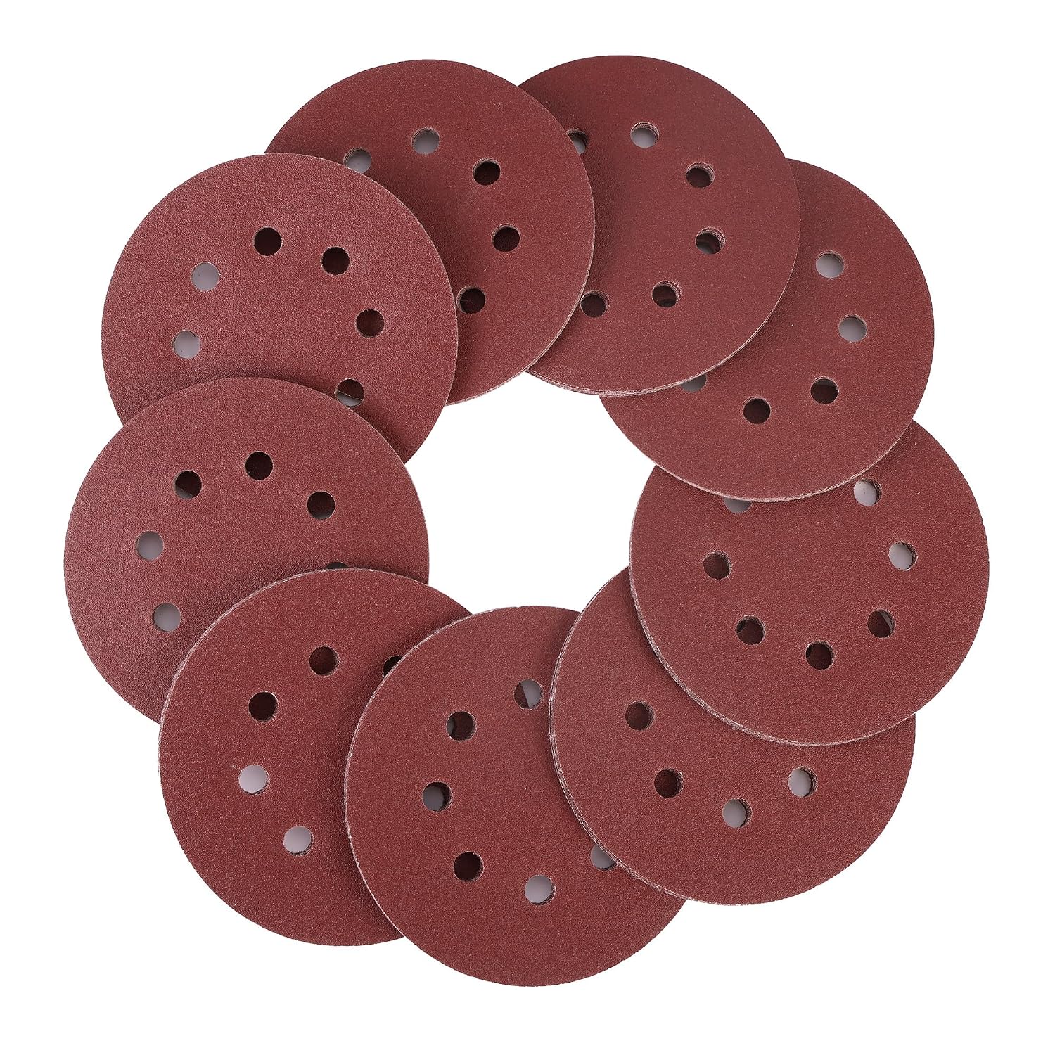 Set of red 8-hole hook-and-loop sanding discs, overlapping round discs