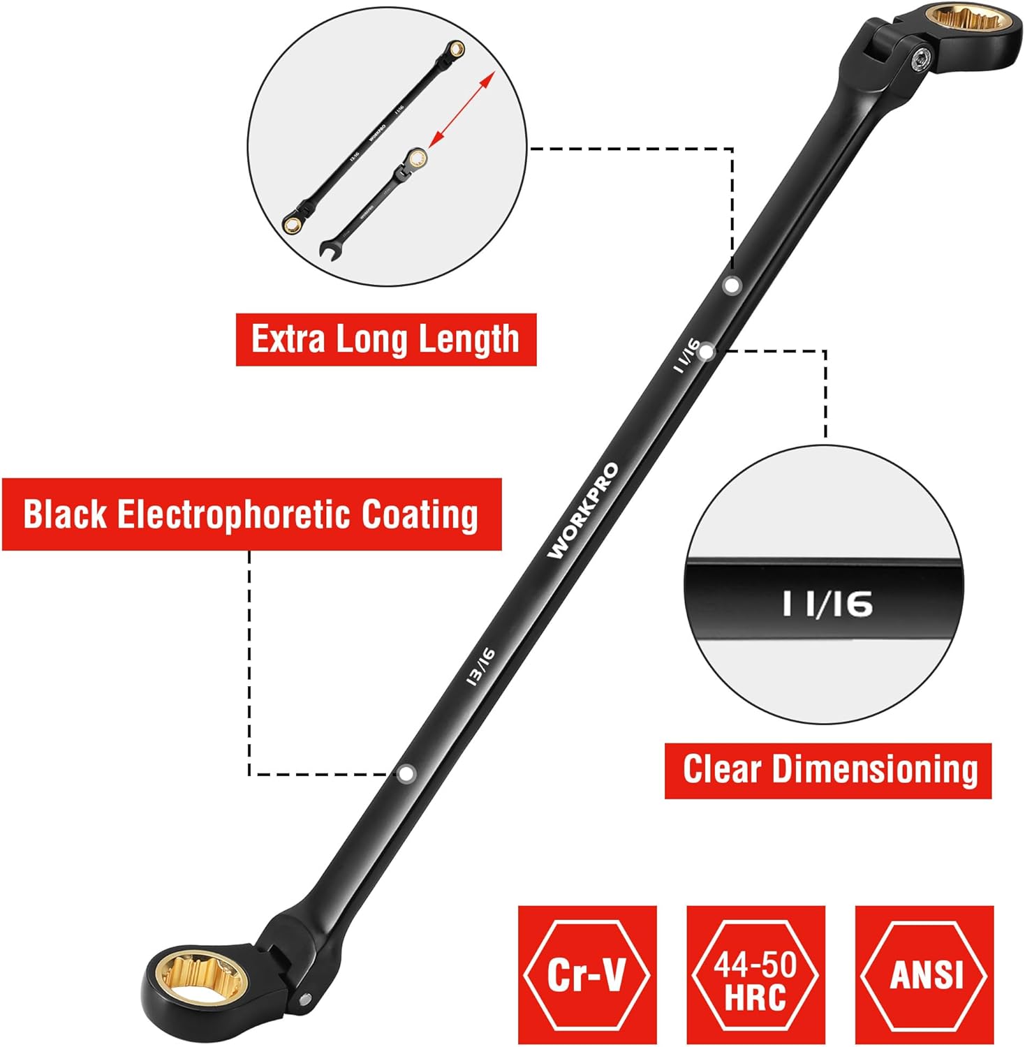 Extra long flex-head ratcheting wrench, black Cr-V steel with clear size markings