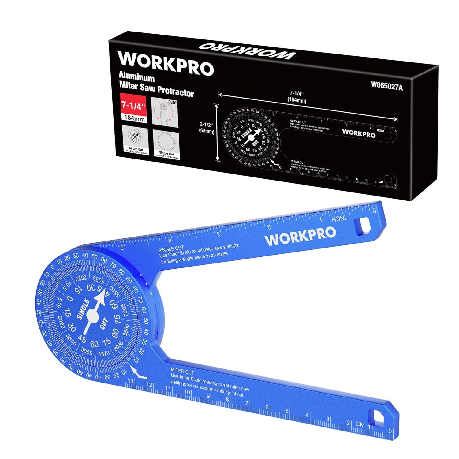 Blue 7.3 in aluminum miter saw angle finder protractor with laser-engraved scales