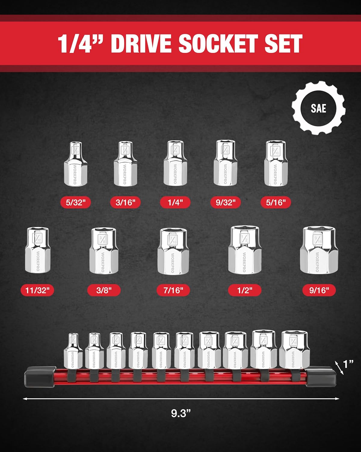 1/4 in drive SAE socket set with 6-point sockets on red PVC rail, size-marked