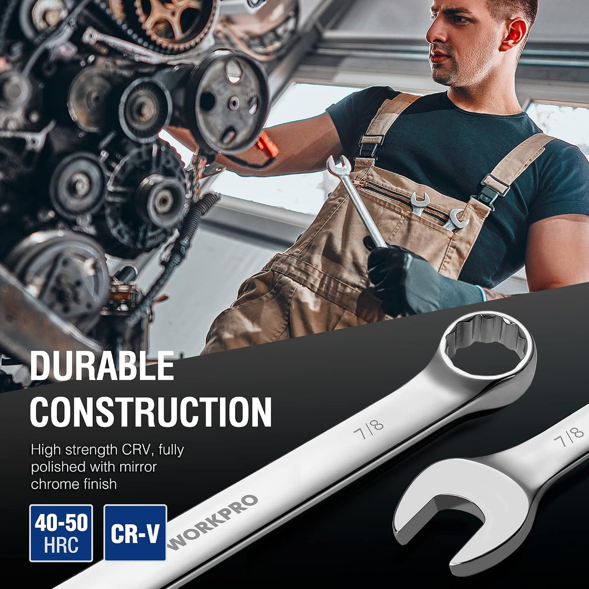 Chrome CR-V combination wrench with open end and 12-point box end, held by mechanic