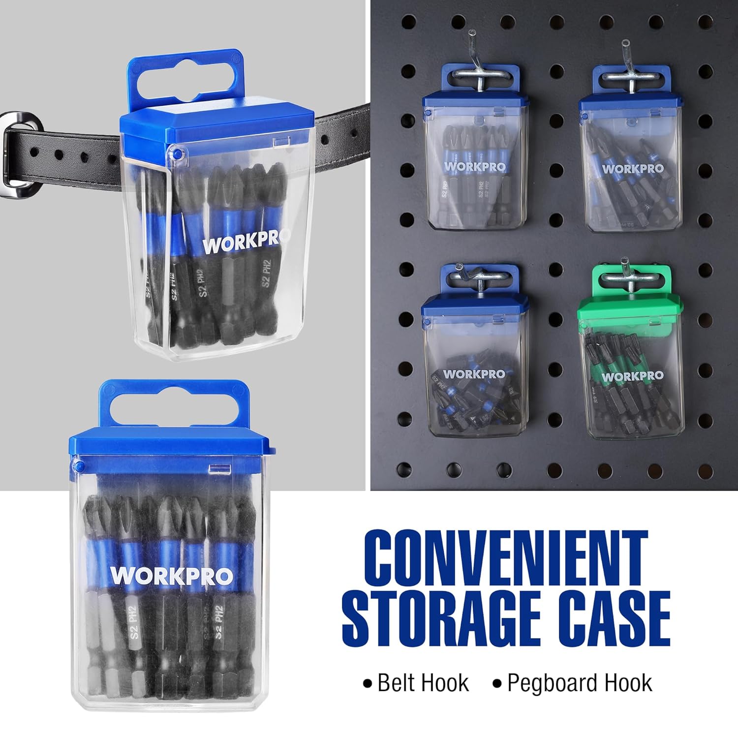 PH2 bit set in clear storage case with belt and pegboard hooks