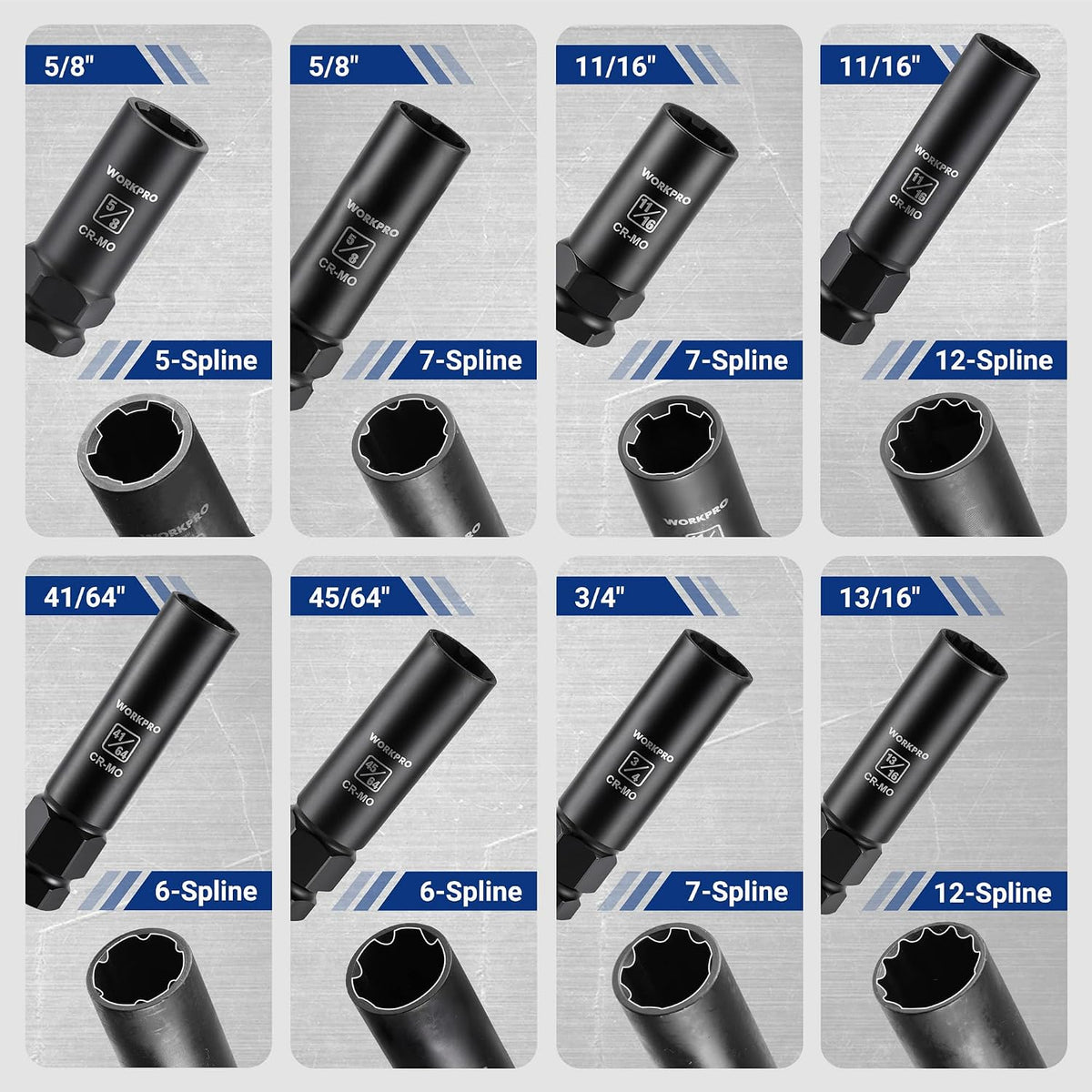 Workpro spline lug nut socket set in black with marked socket sizes and metal finish for wheel service