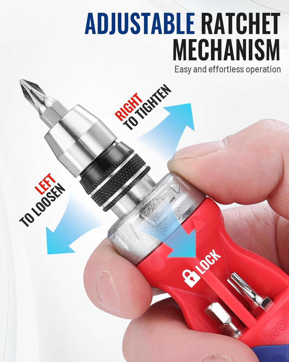 Adjustable ratcheting screwdriver with directional lock sleeve and red/blue handle