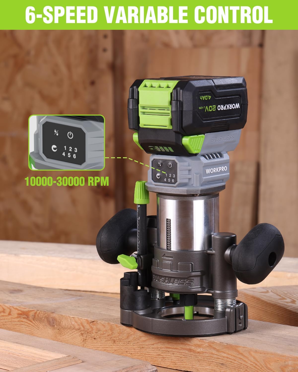 Cordless compact router on wood with variable speed control and green battery pack