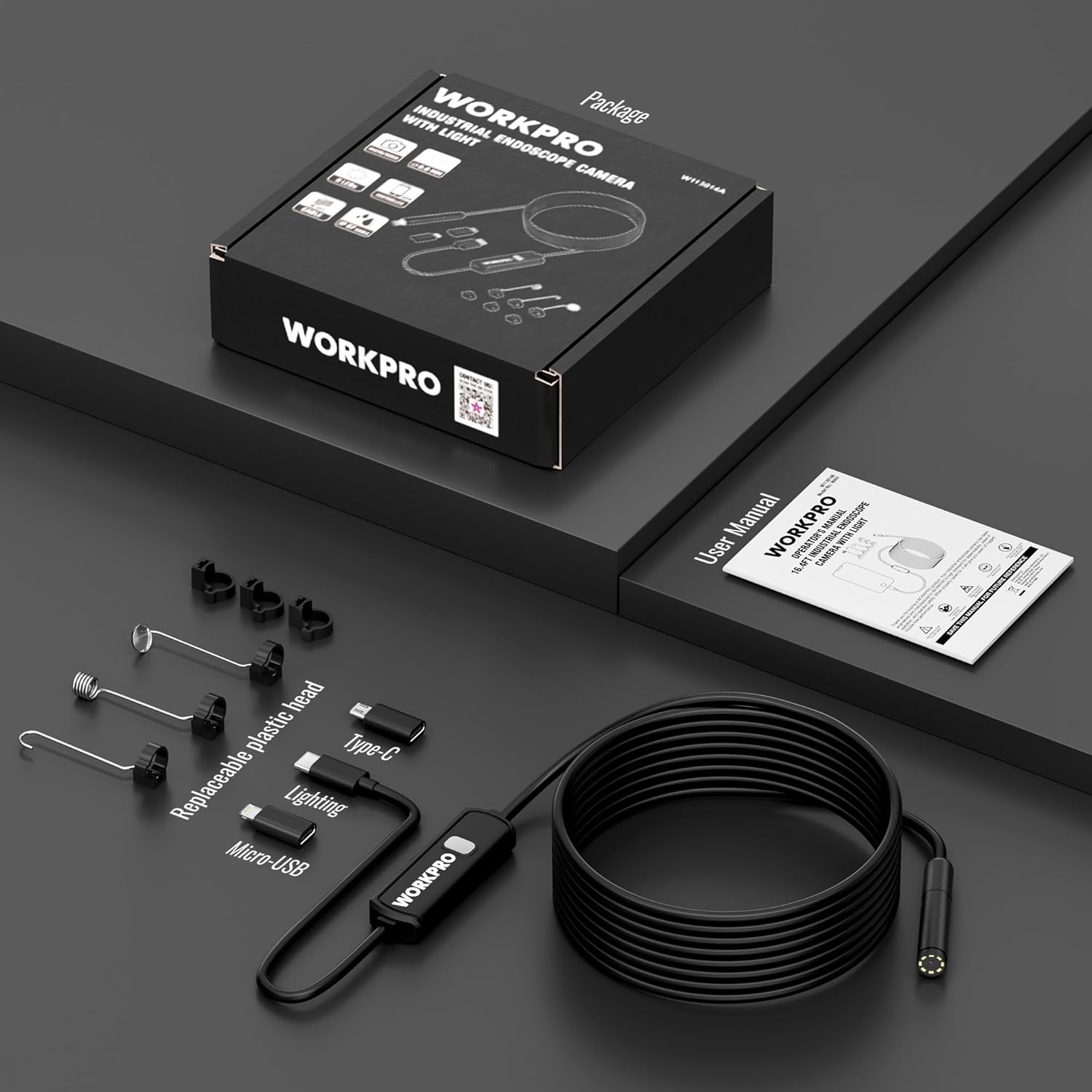Endoscope camera kit with box, coiled cable, USB connector, and adapters