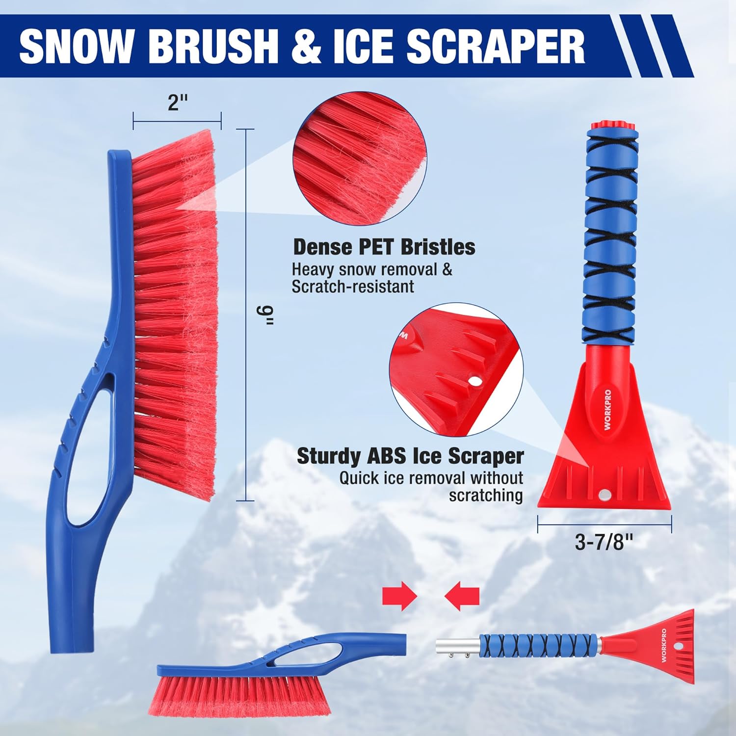 Snow brush with red bristles and blue handle plus red ABS ice scraper head.