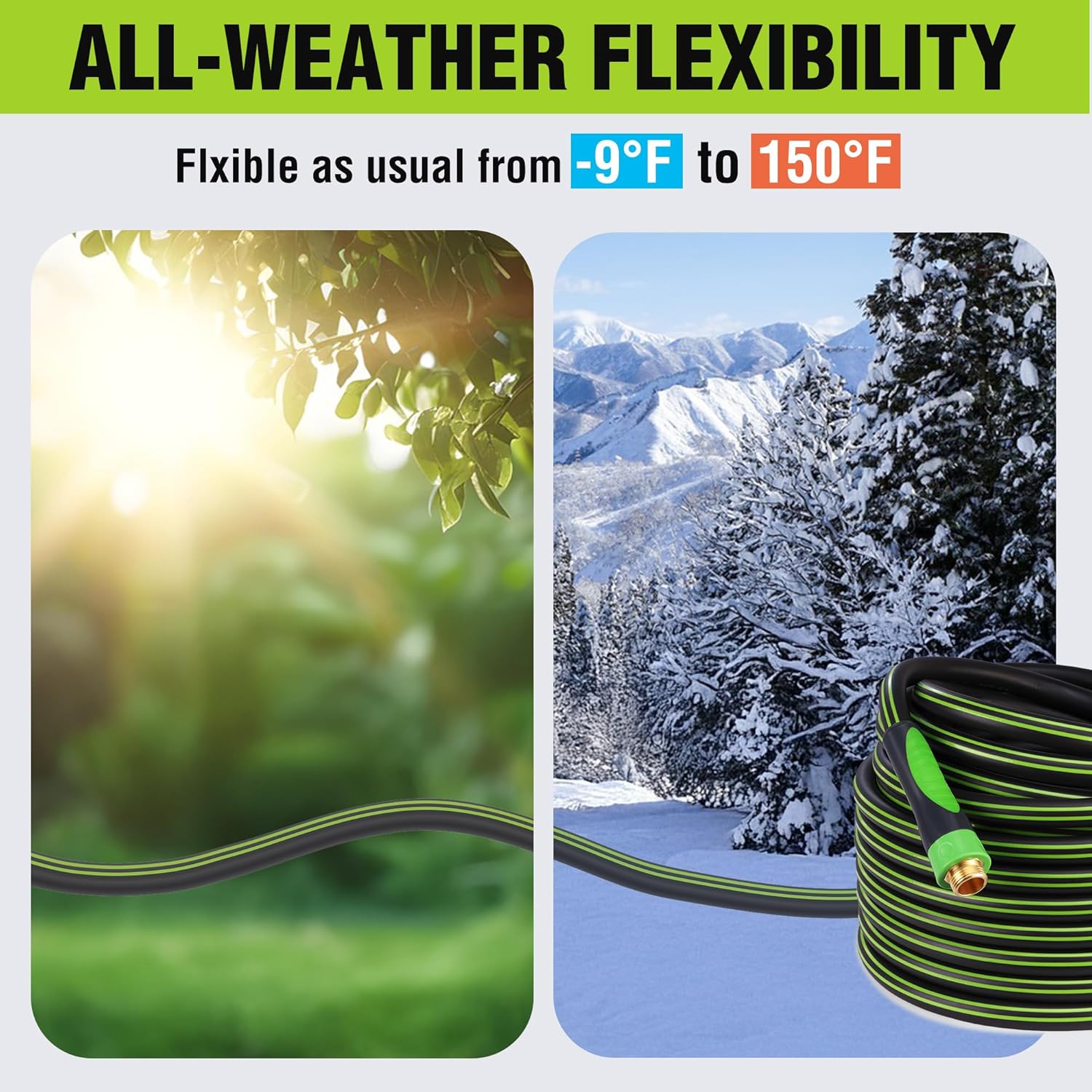 All-weather flexible hybrid garden hose shown coiled in green and black.