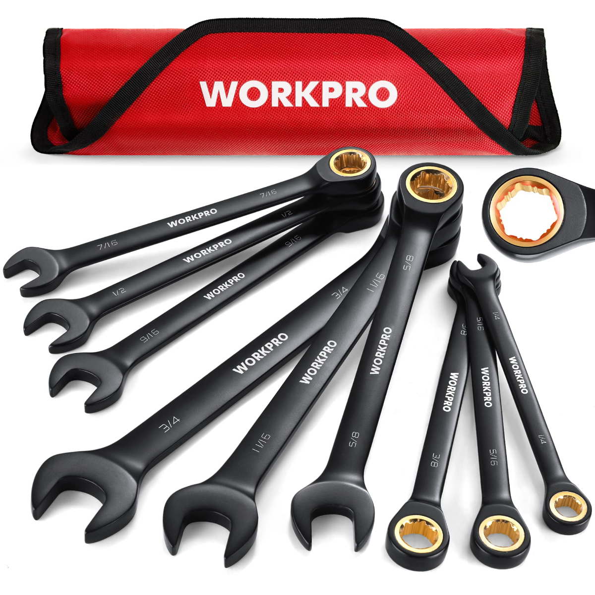 Black anti-slip ratcheting combination wrench set with red storage pouch