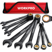 Black anti-slip ratcheting combination wrench set with red storage pouch
