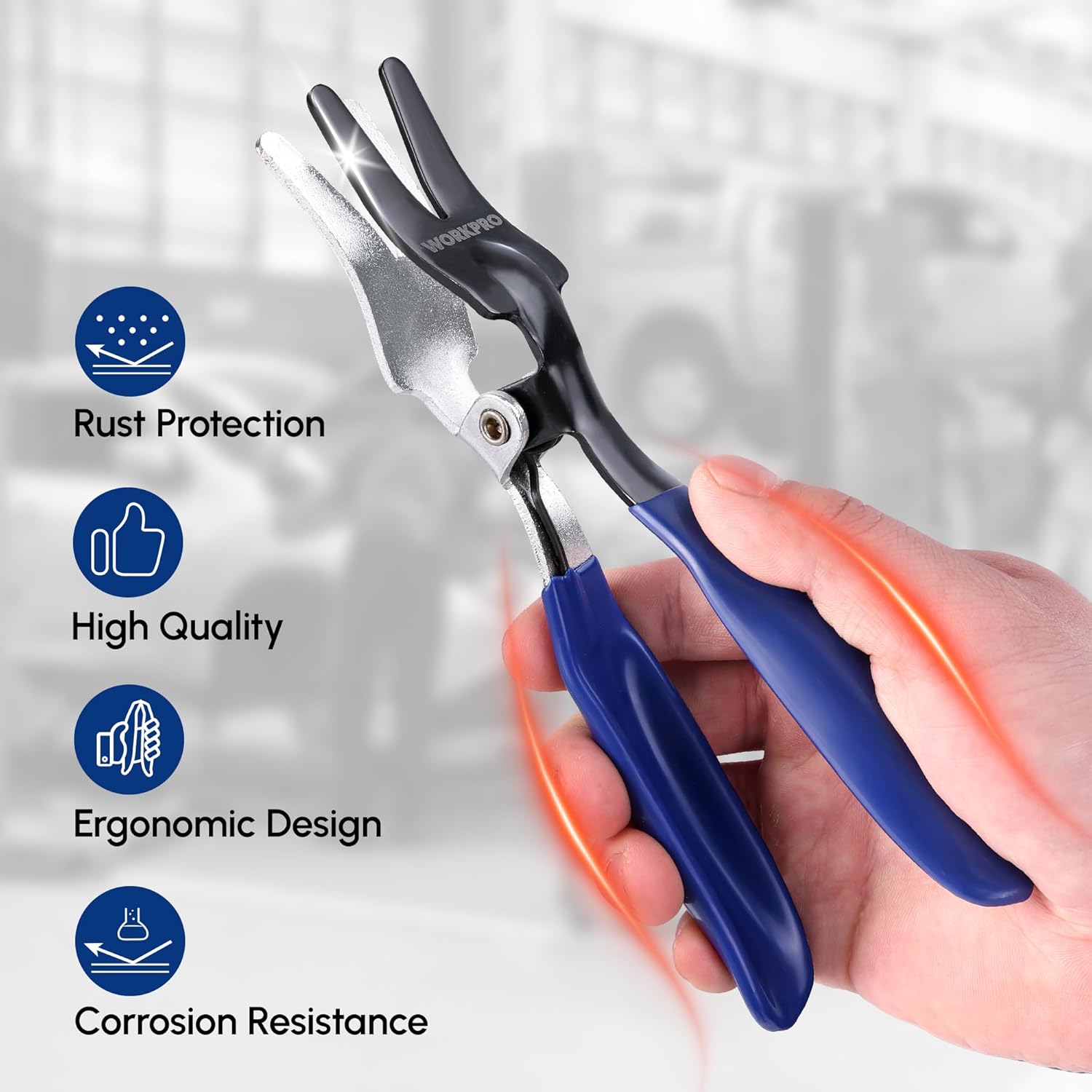 Hand holding hose removal pliers with blue handles and silver jaws