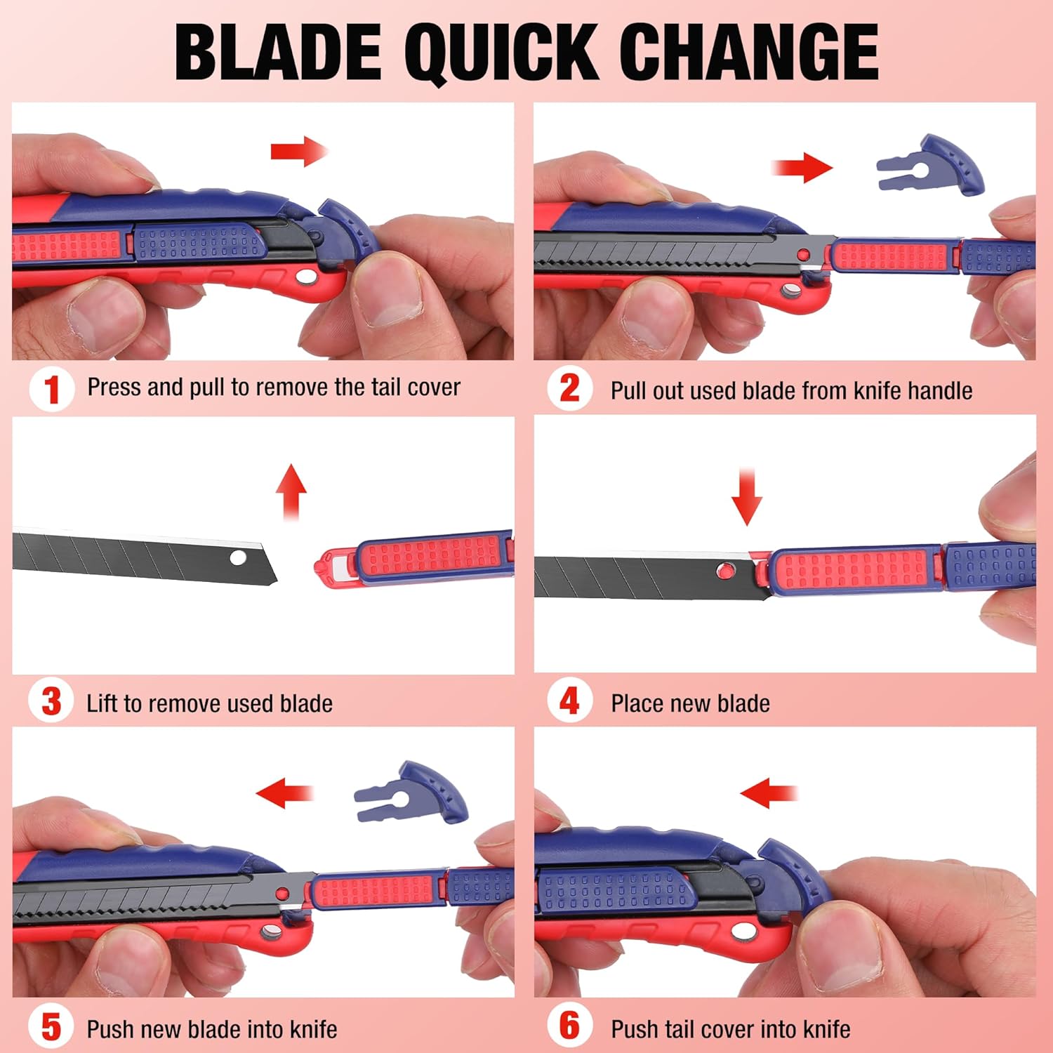 Retractable utility knife with quick blade change, tail cover open and blade out