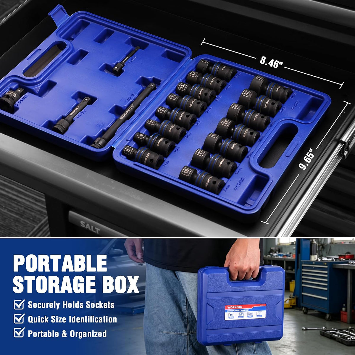 WORKPRO 19-Piece 3/8＂ Dr. Universal Impact Socket Set, Metric