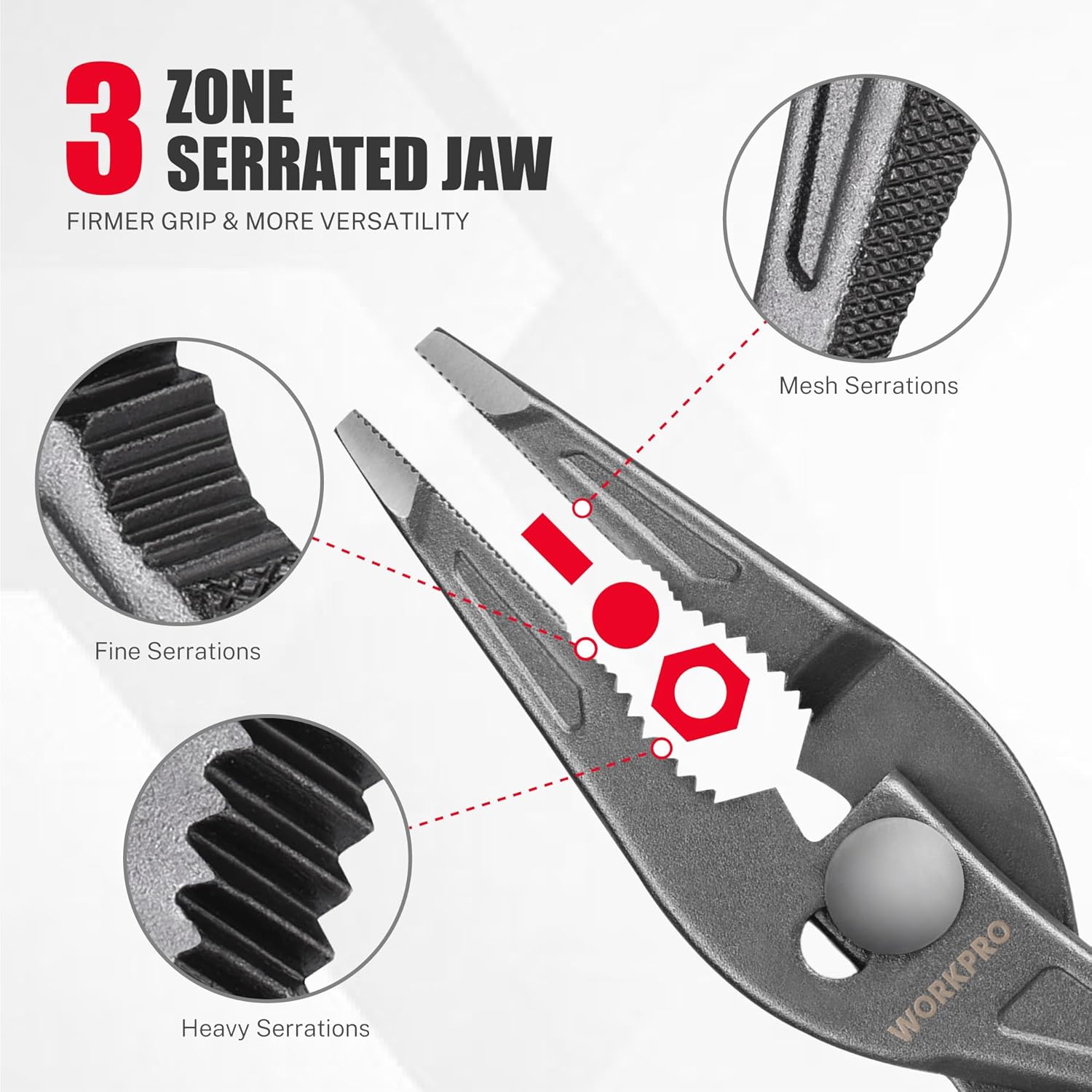 Long nose slip joint pliers with 3-zone serrated jaws and textured grip