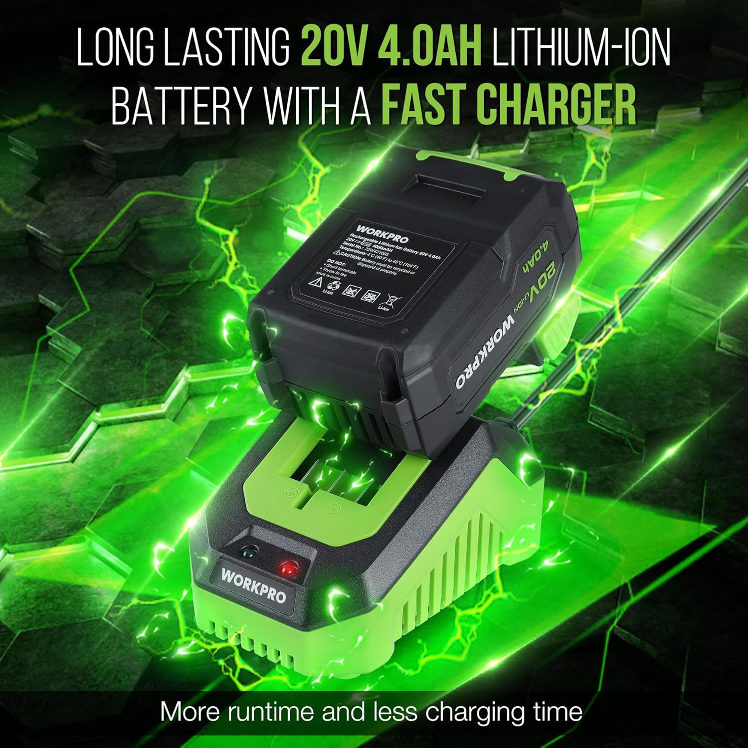 WORKPRO cordless angle grinder battery pack with charger, shown in black and green