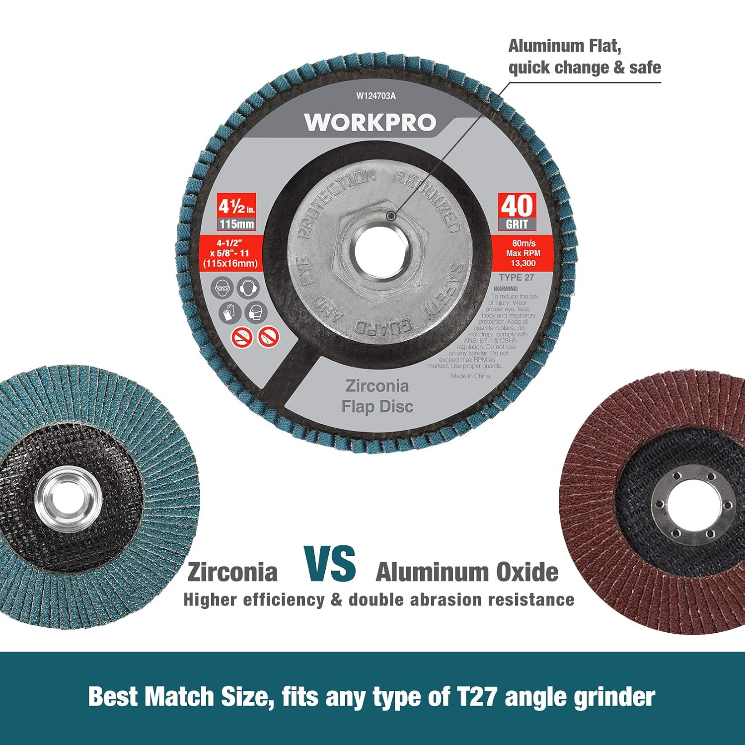 WORKPRO 5 Pack Zirconia Flap Disc, 40 Grit, Angle Grinder Sanding Disc, 4-1/2 inch Grinding Wheels, Flap Wheel Type#27 for Metal Grinding, Blending and Smooth Finishing