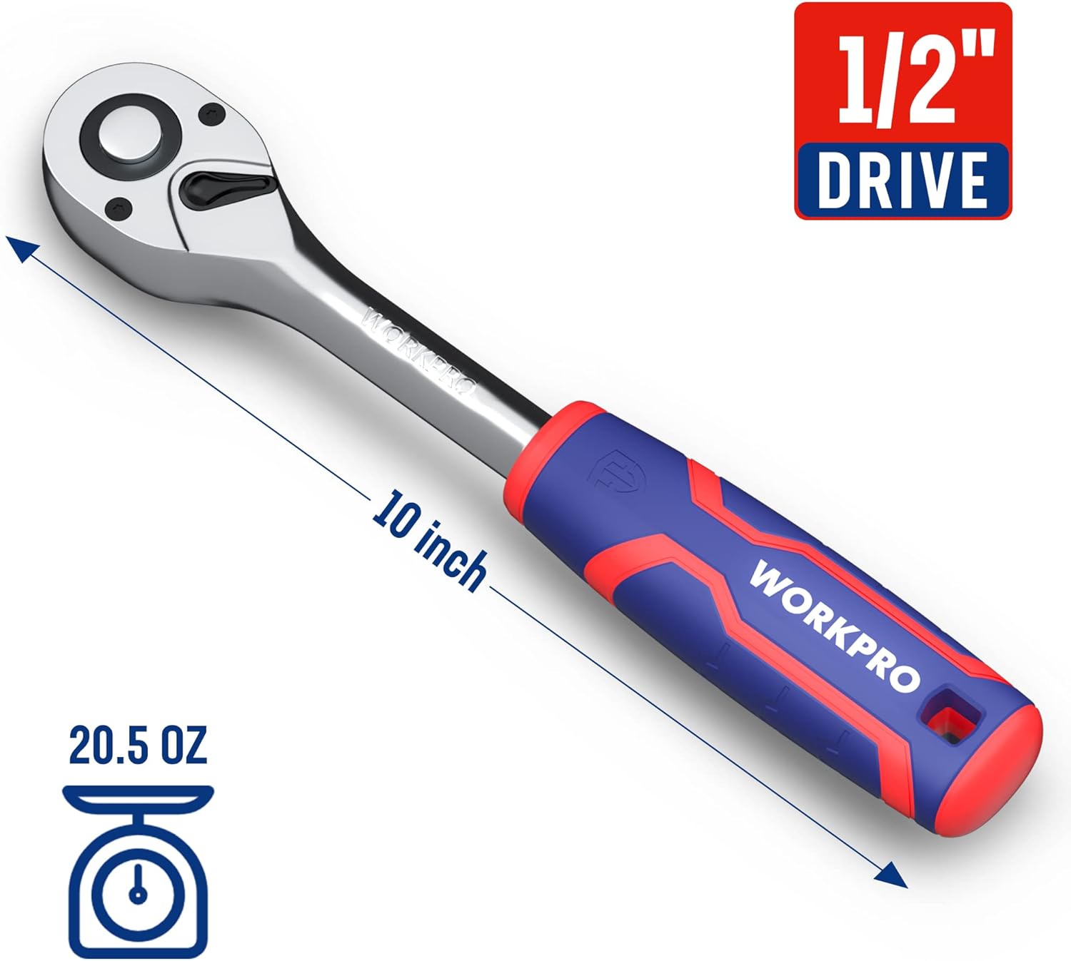 1/2 in drive reversible ratchet wrench with chrome finish and blue/red handle, 72-tooth.