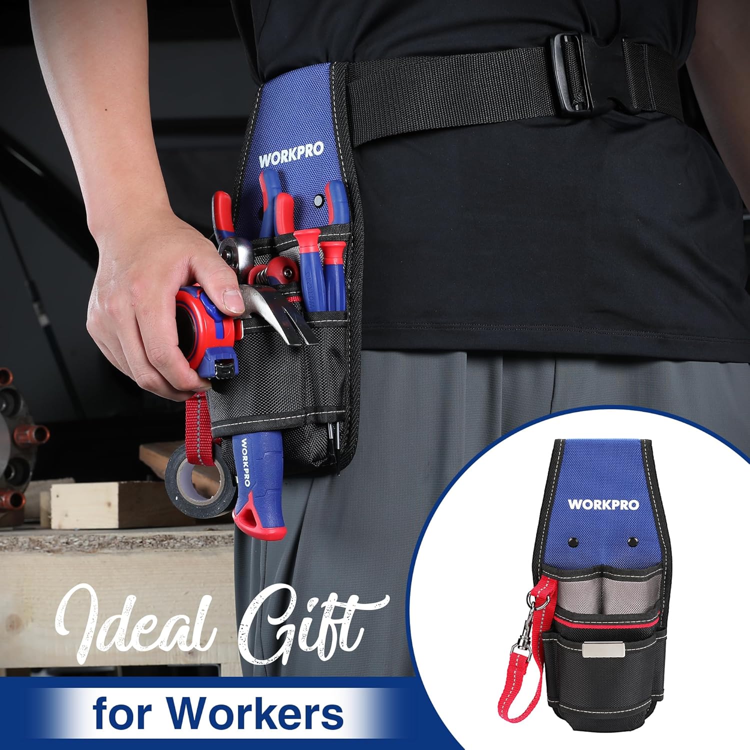 Blue and black electrician tool pouch with belt loop, red wrist strap, and tool organizers