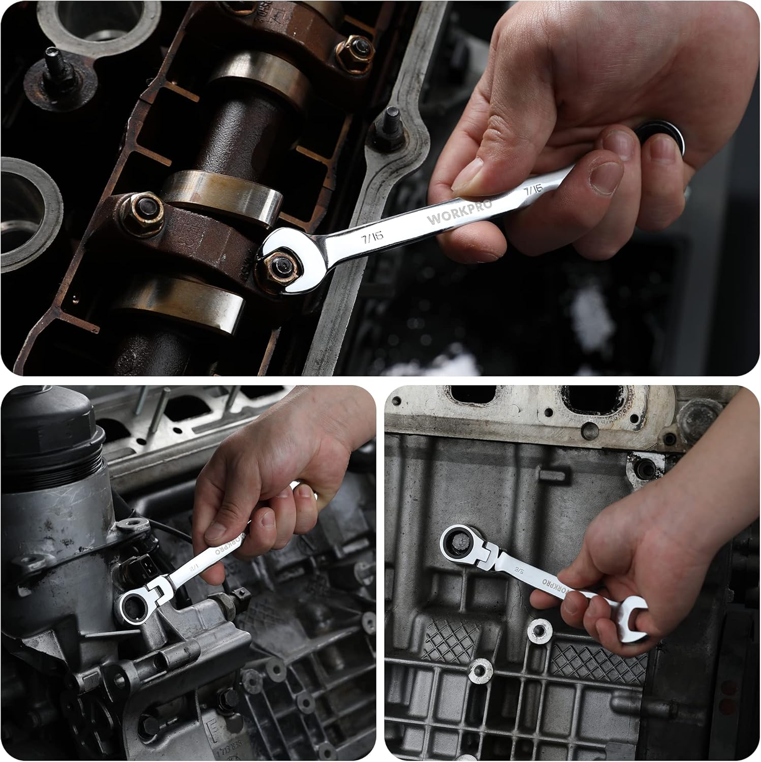 Metric ratcheting combination wrench shown tightening bolts in machinery