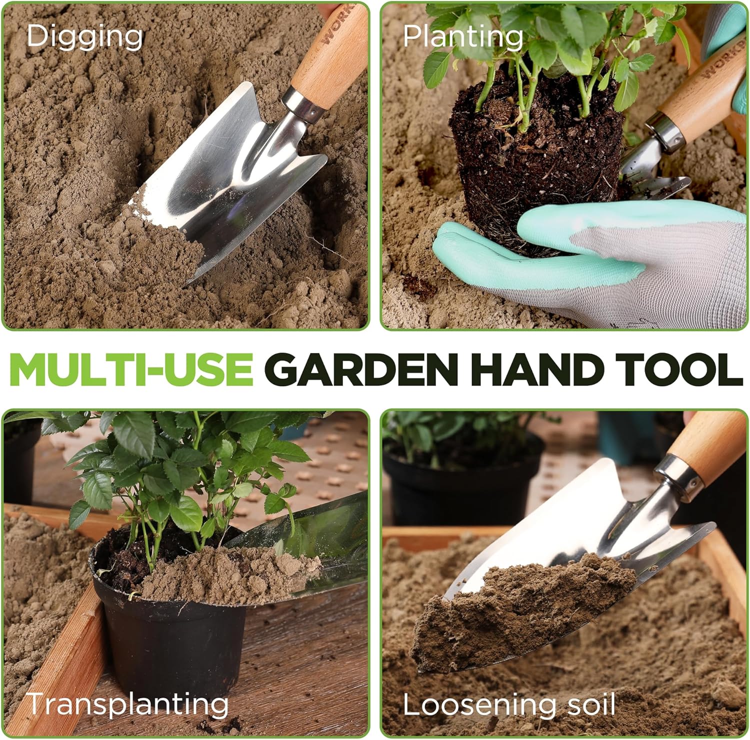 Multi-use garden hand trowel with stainless steel blade for digging, planting, transplanting