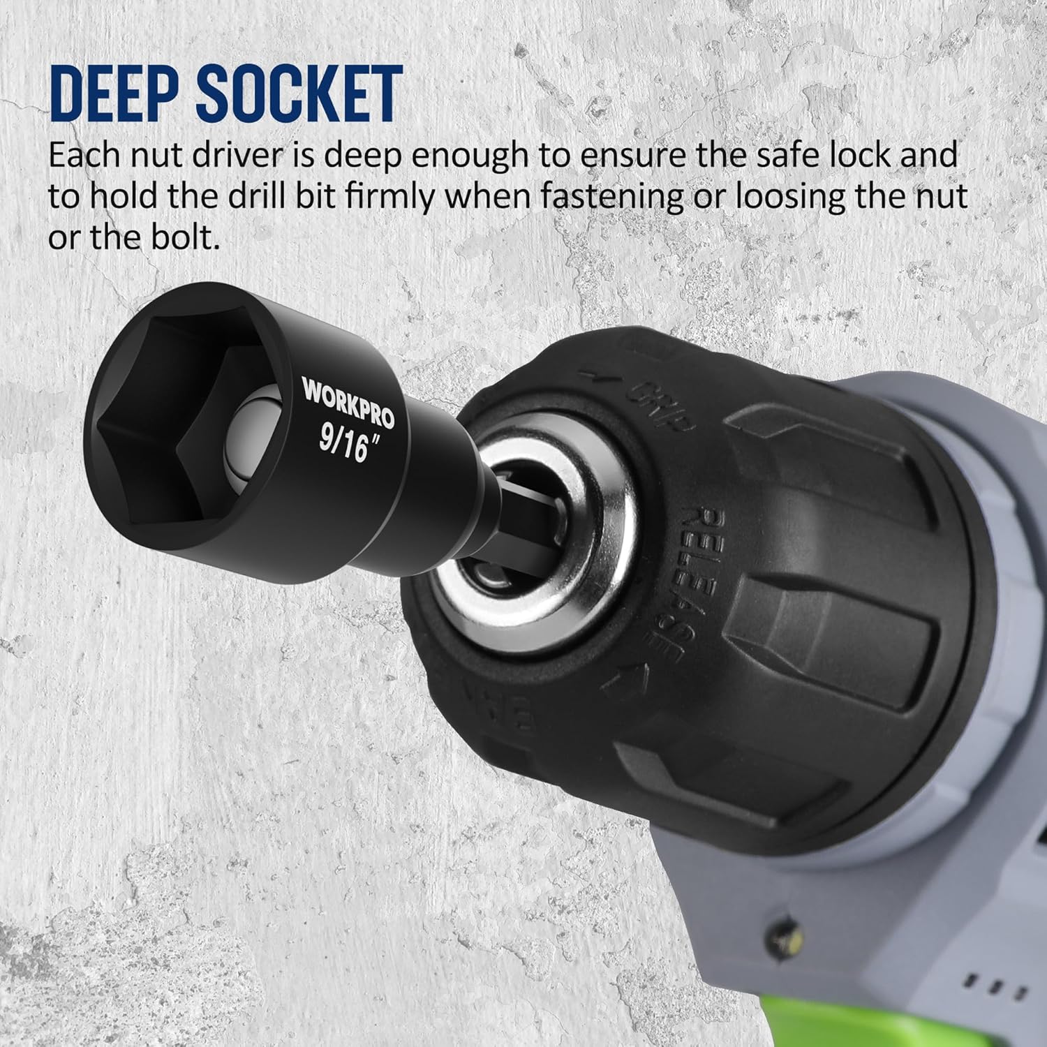 Black deep nut driver socket bit with hex shank on an impact driver