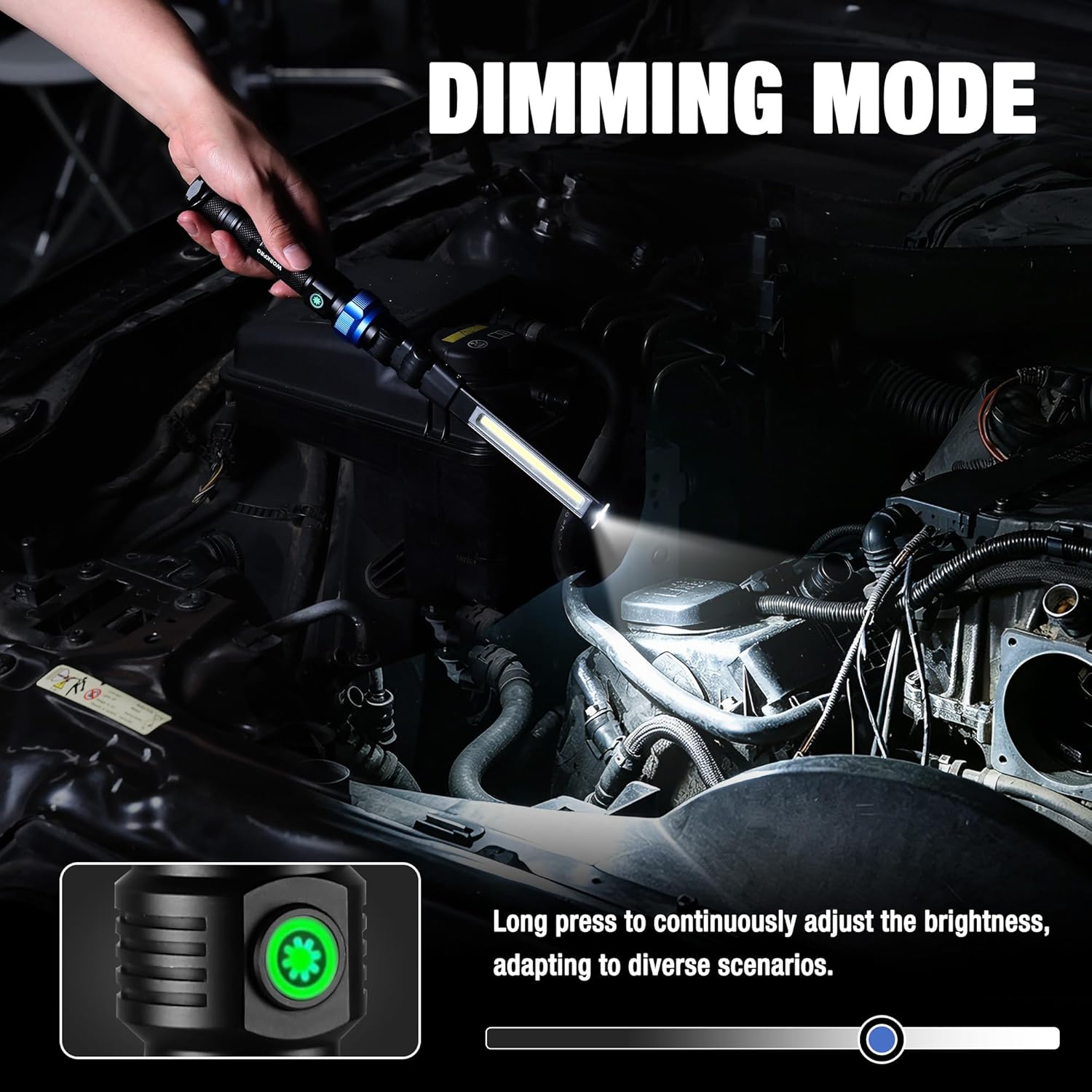 Rechargeable LED work light in use, showing a dimming control button and pivoting head.