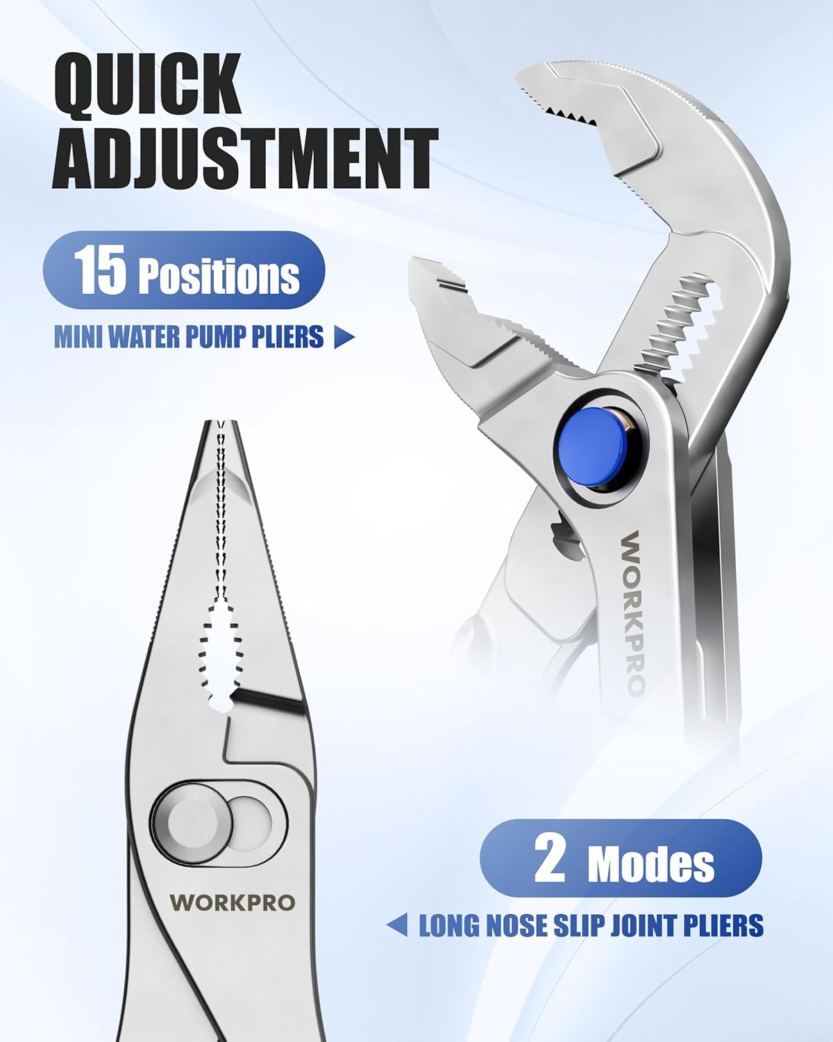 Mini water pump pliers with quick adjustment and blue circular pivot feature